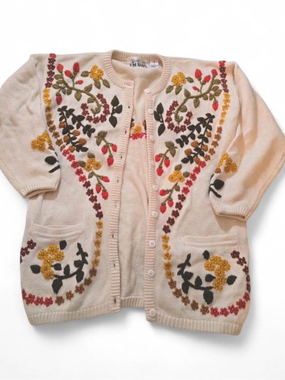 Vintage Embroidered Cream Floral Cardigan Sweater S Cottagecore Grannycore